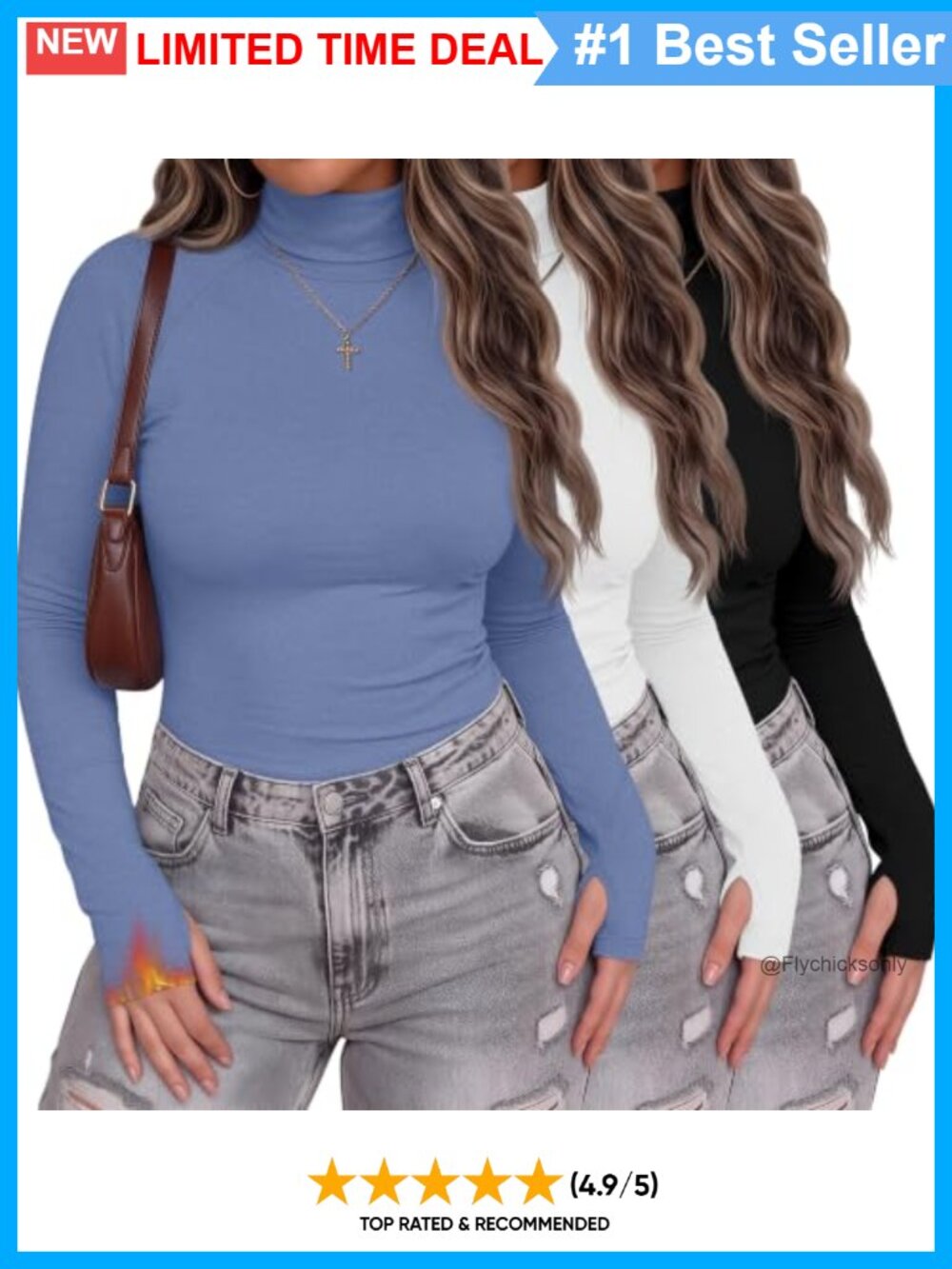 Plus Size Thermal Turtleneck Top Thumbholes Stretch Base Layer 3 Pack